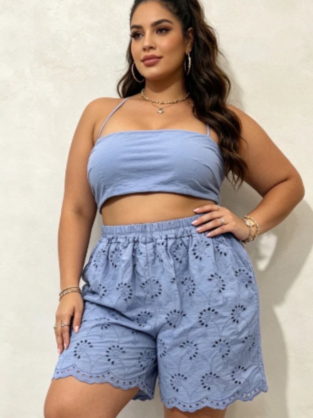 Made in Italy Plus Size Cotton Eyelet Embroidered Shorts in Blue
